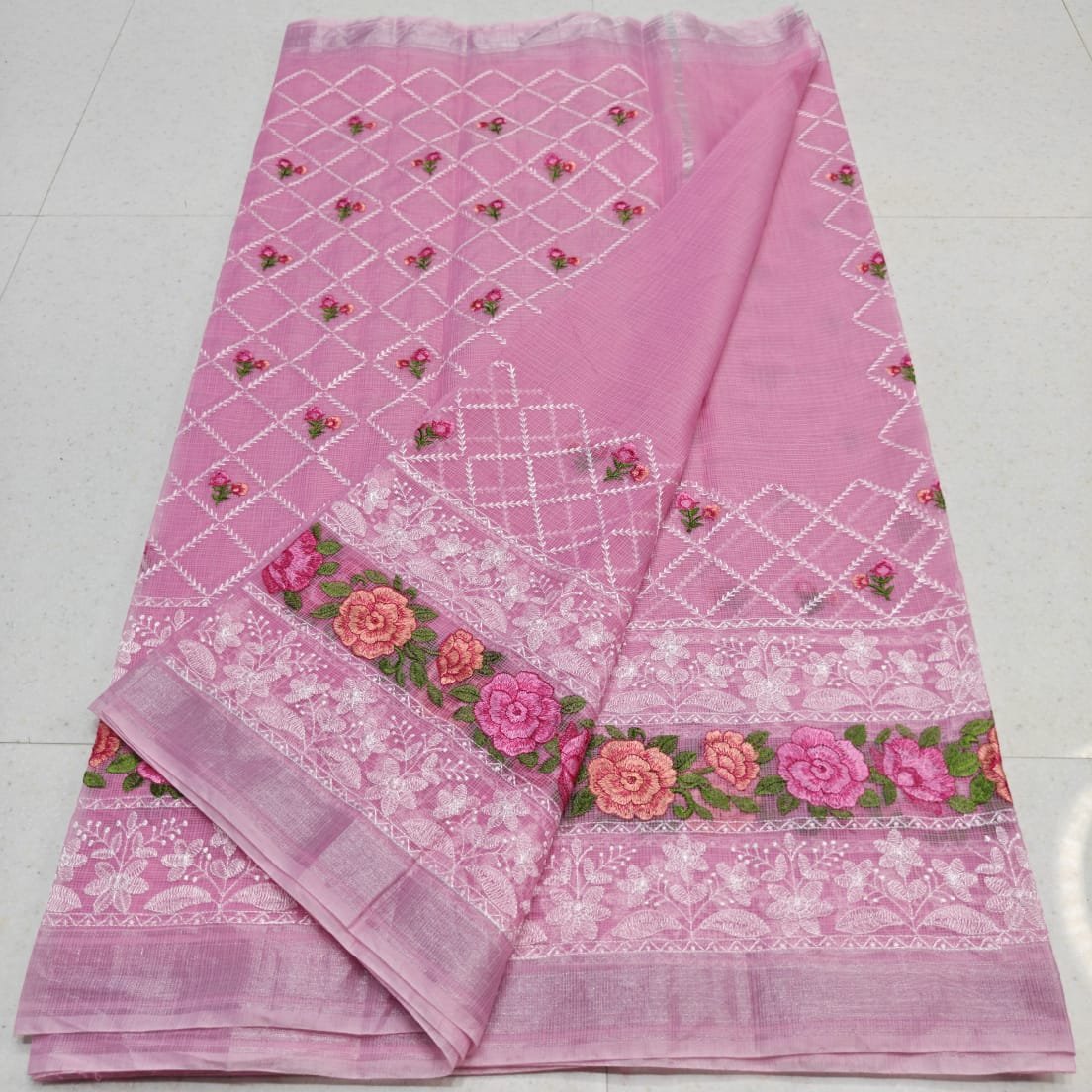 Kota Doria Mix Cotton Saree with Jaal Embroidery