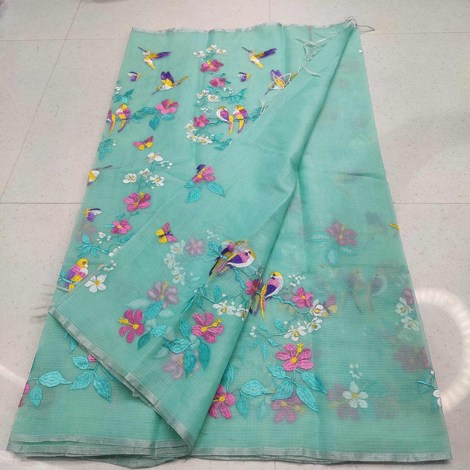 Kota Doria Mix Cotton Saree with Birds & Floral Embroidery