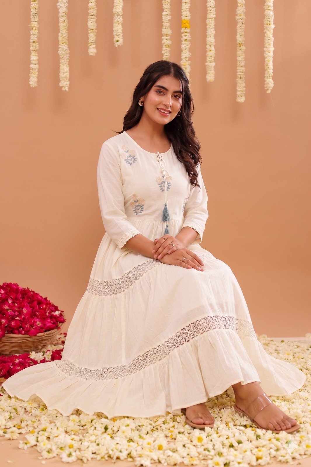 Elegant Floral Embroidered Pure Mul Cotton Tiered Dress (Off-White)