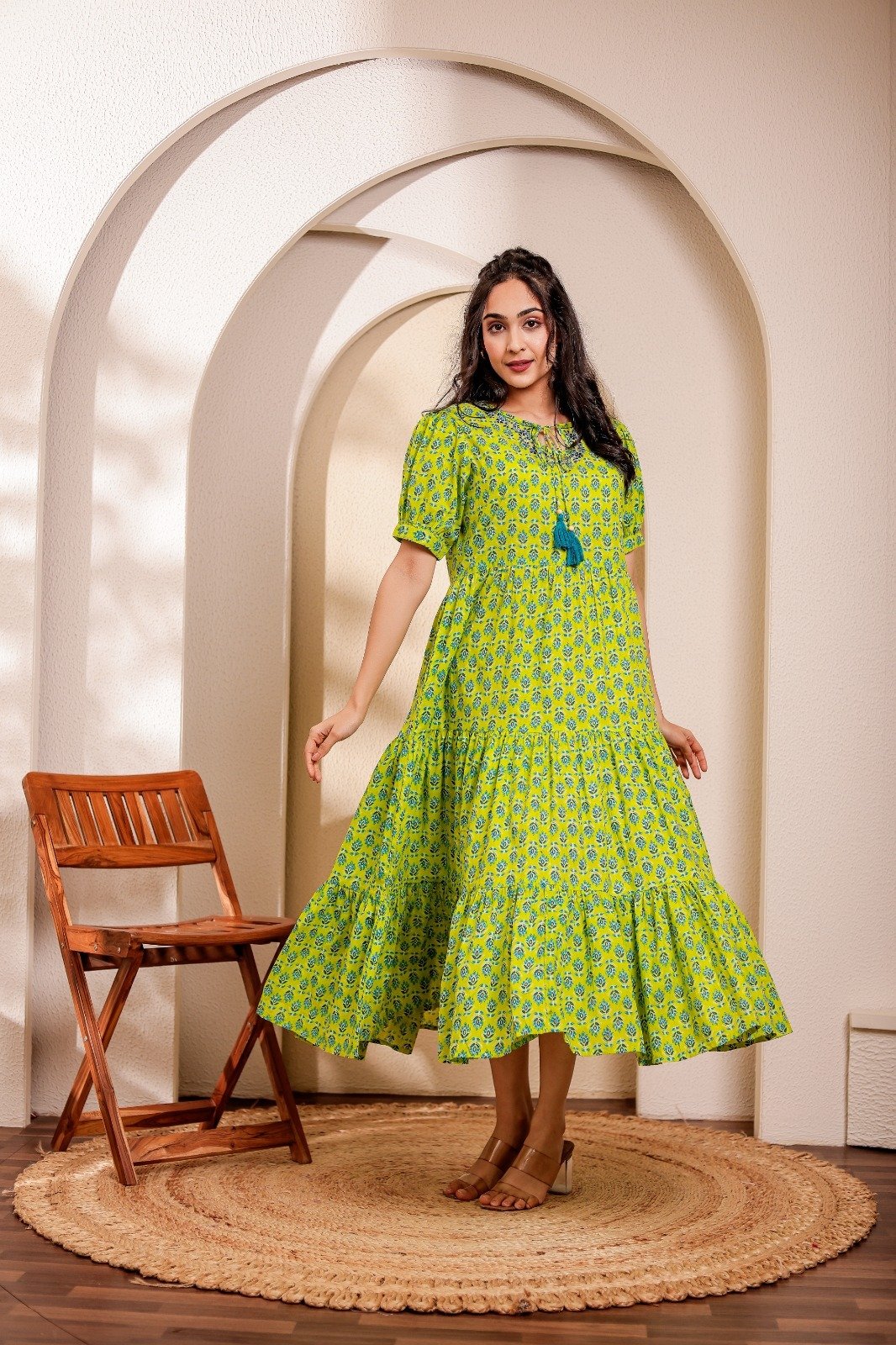 Satrangi Premium Pure Cotton Floral Printed Tiered Long Dress