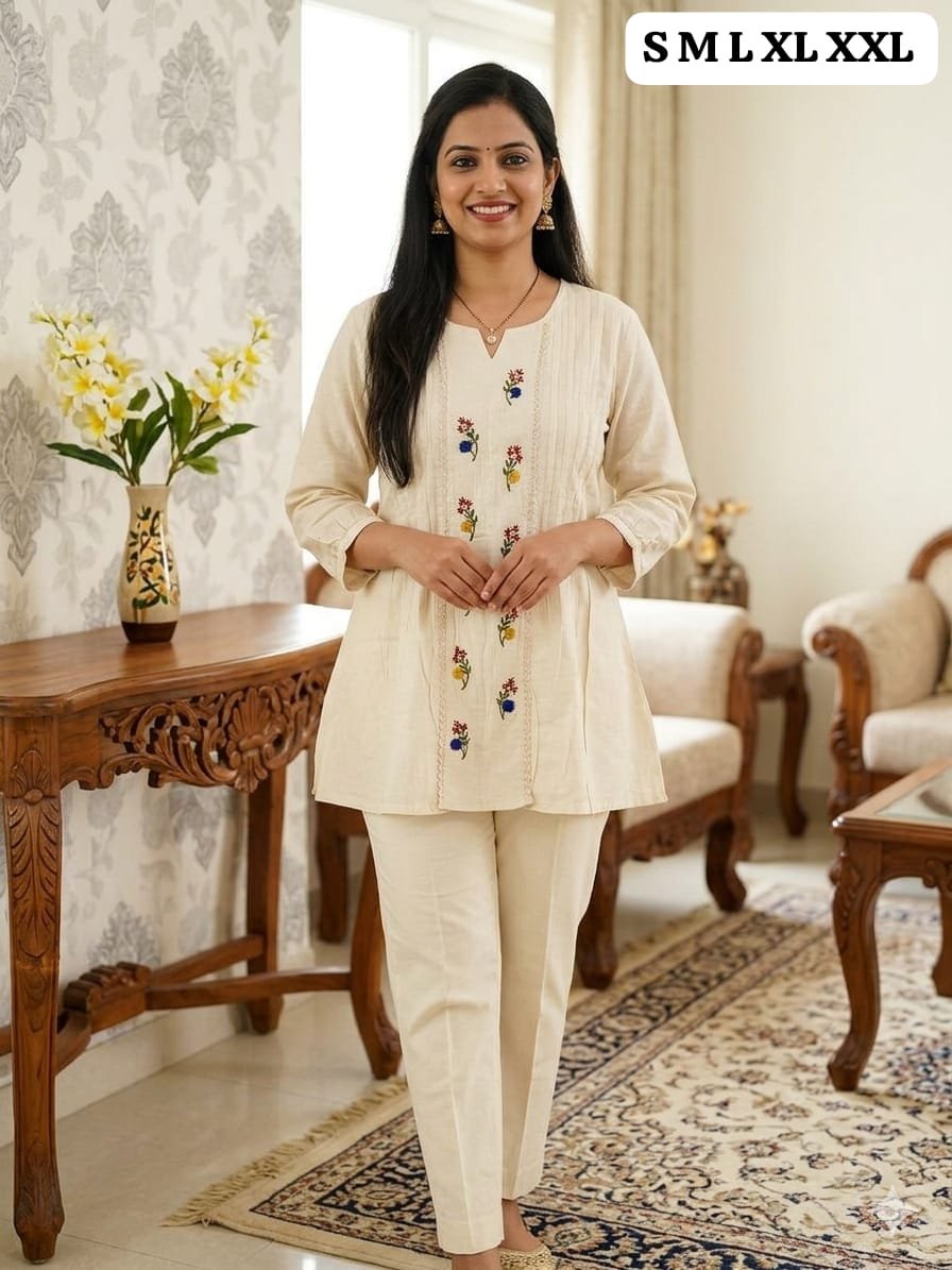 Pure Khadi Cotton Embroidered Short Top with Cotton Lining