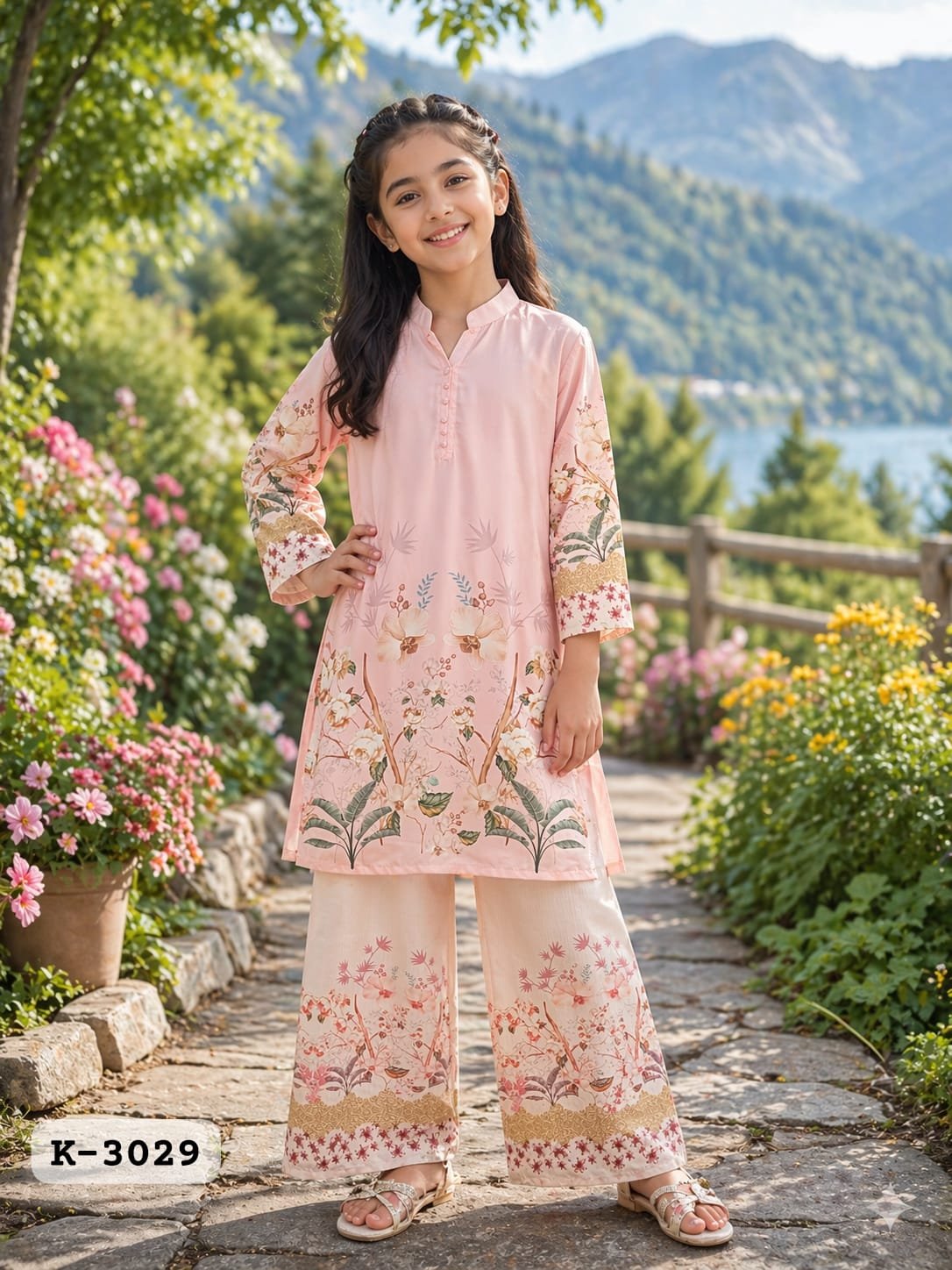 Kids Designer Floral Printed Mal Satin Kurta & Palazzo Set Code !! F.B.K.