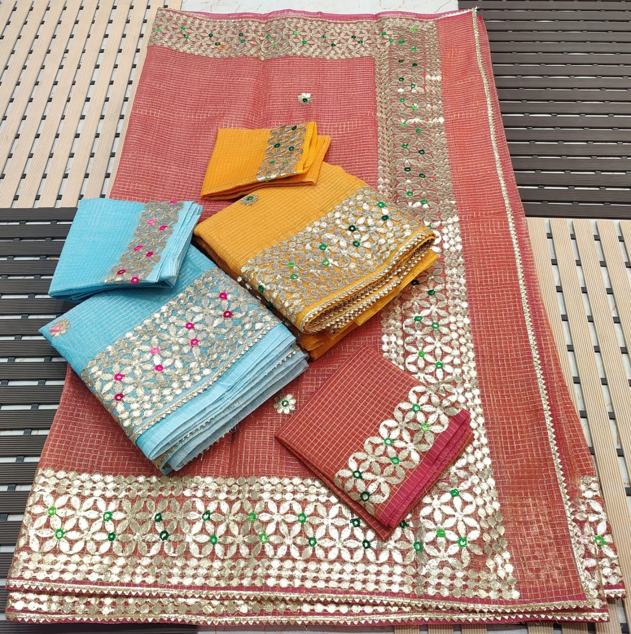 Kota Doria Cotton Mix Gotta Patti Aari Work Saree Code-K.S.M.