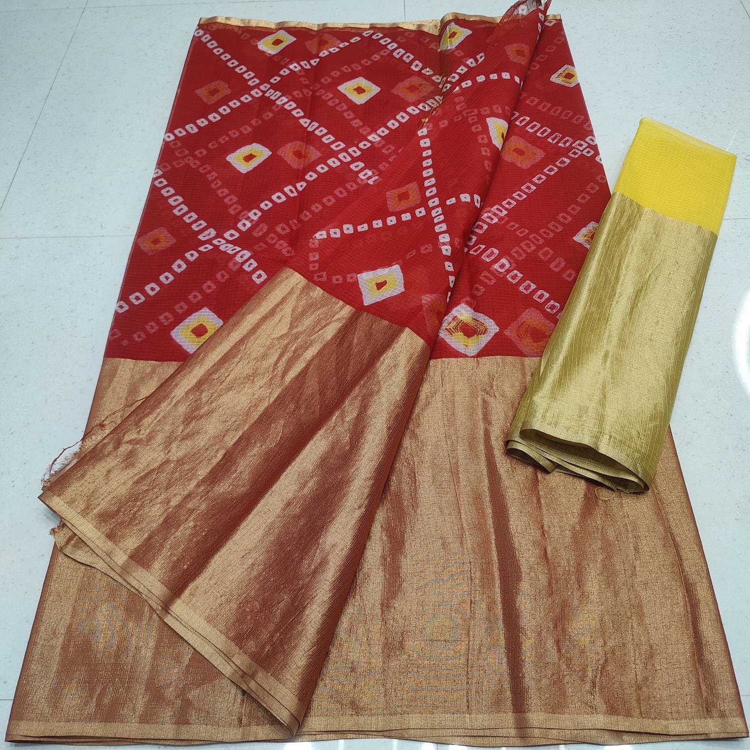 Kota Doria Pure Cotton Half-Tissue Bandhani Saree Code-K.S.M.