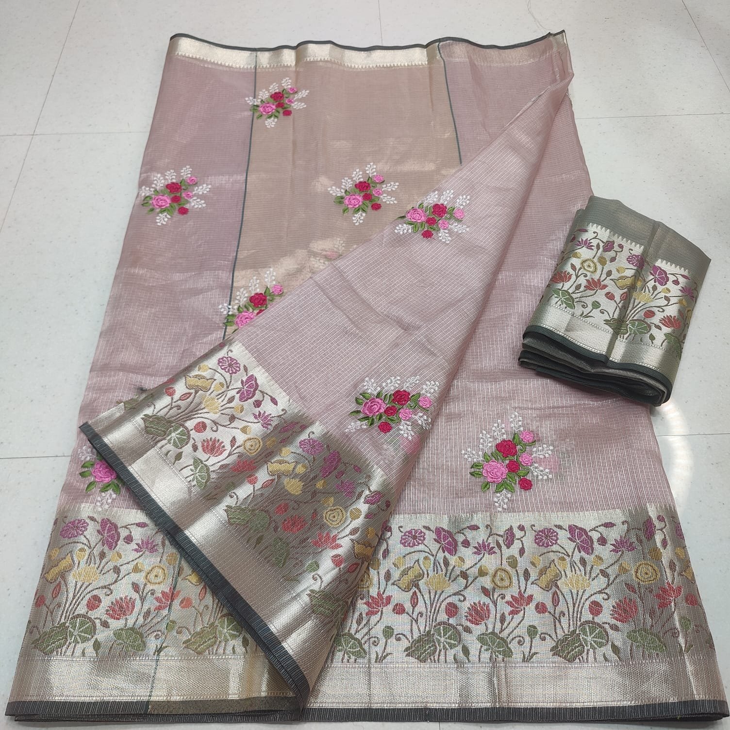 Premium Kota Doria Tissue Weaving Embroidery Saree Code-K.S.M.Code-K.S.M.