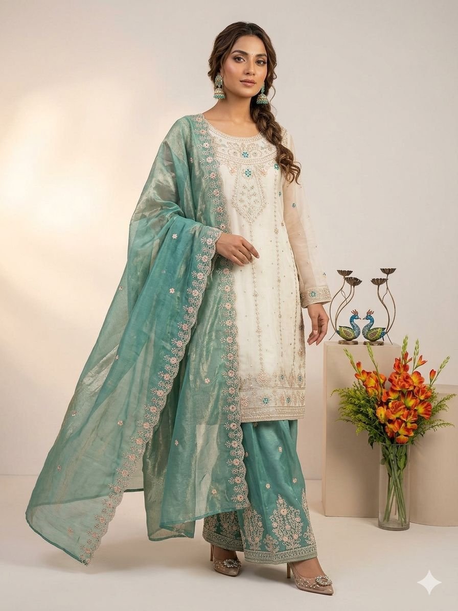 Ethereal Majesty: Frendy Silk Embroidered Top & Palazzo Set Code !! F.B.S.S.