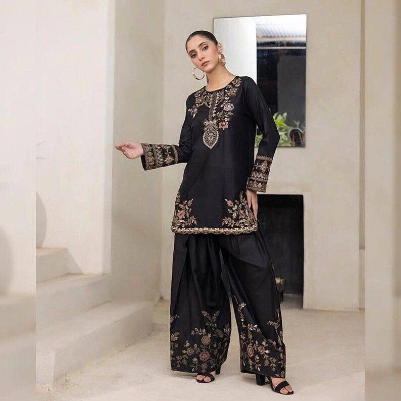 Midnight Bloom: Heavy Natural Crepe Embroidered Kurti & Pant Set Code !! F.B.S.S