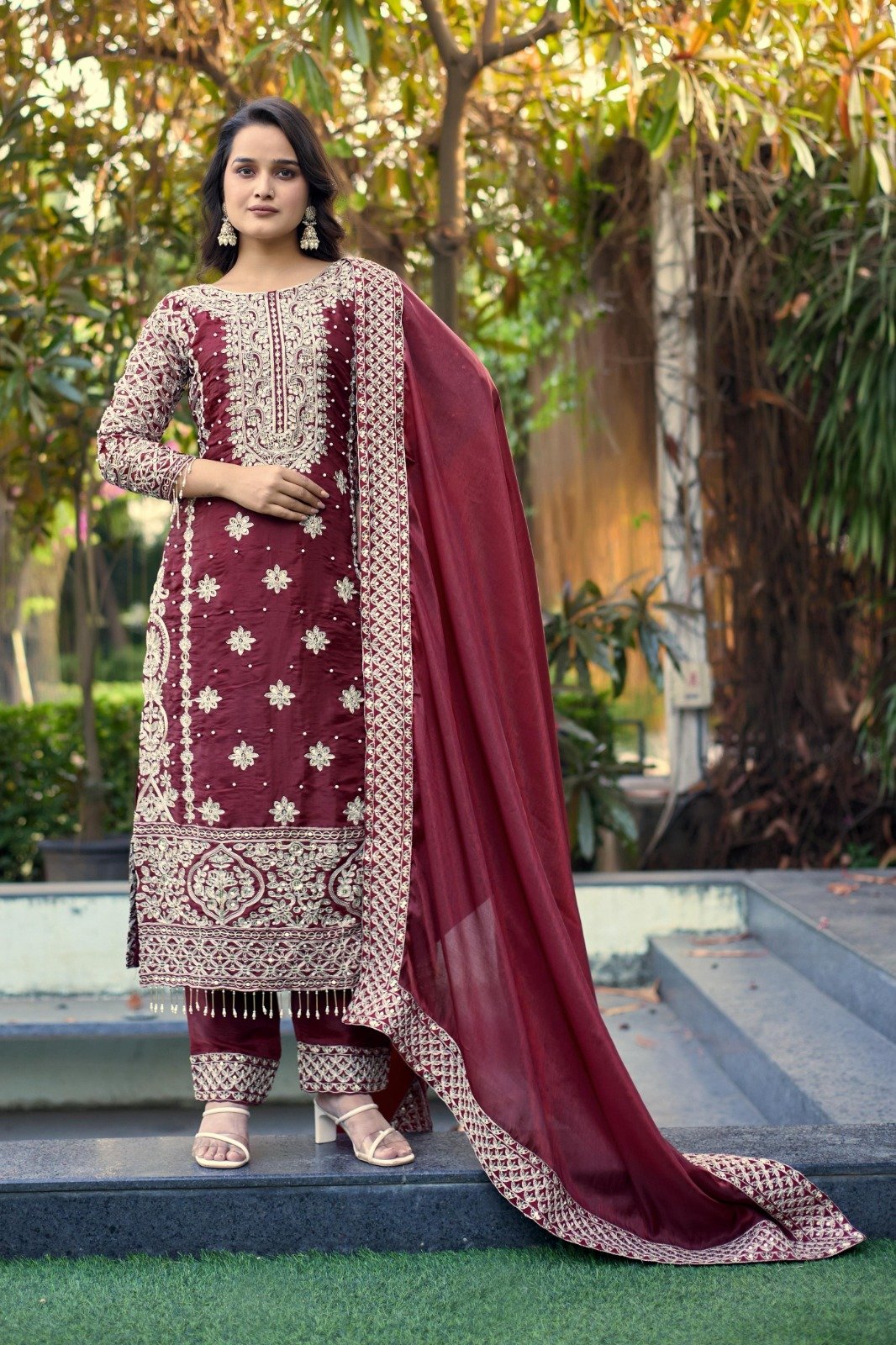 Royal Maroon: Pure GMY Silk Heavy Embroidery & Sequence Suit Set Code !! F.B.S.S