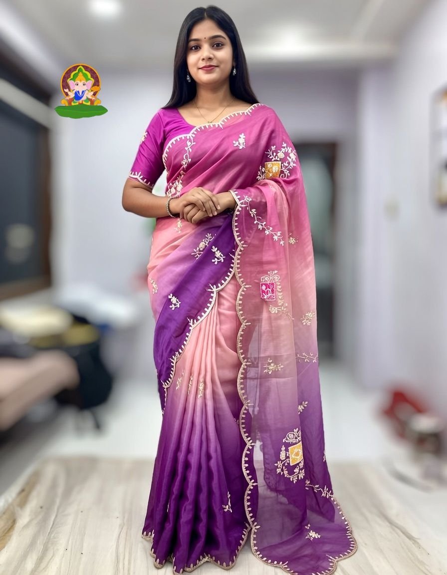 Gold Crush Padding Silk Saree with Scalloped Cut-work Code-A.T.