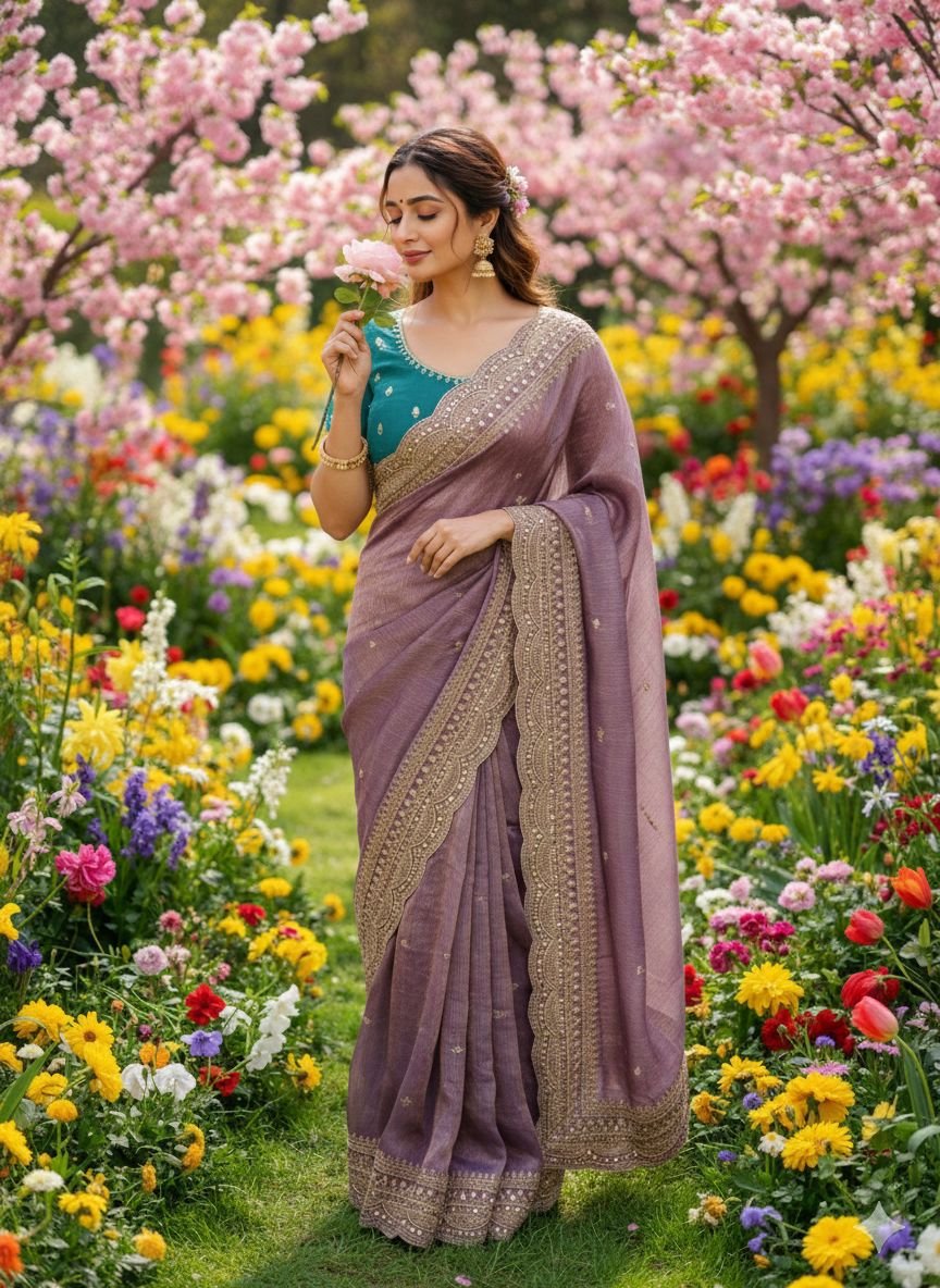 Spring Serenade: Soft Space Chiffon Embroidery Saree Code-A.T.