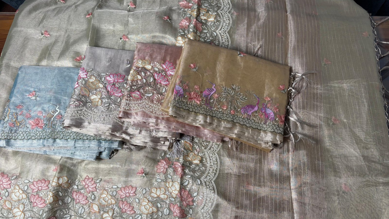 Elegant Diamond Tissue Silk Saree with Intricate Resham Embroidery and Scalloped Borders Code !! B.H.C.