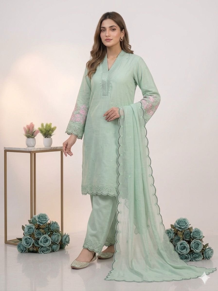 Elegant Mal Chanderi Kurta Set with Sequence Embroidery & Cut Work Organza Dupatta Code !! F.B.S.S.