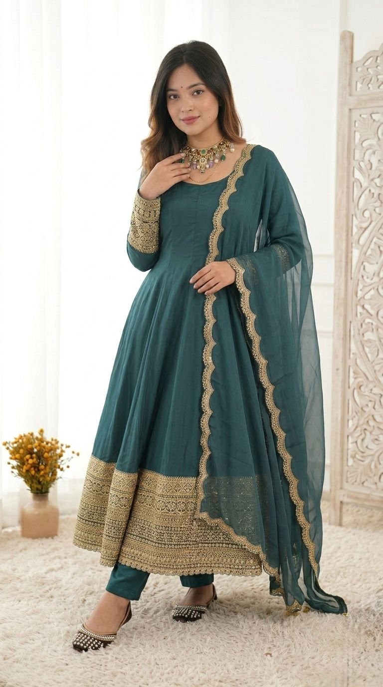 Majestic Teal Crepe: Designer Anarkali Suit with Scalloped Tabby Organza Dupatta Code !! F.B.S.S