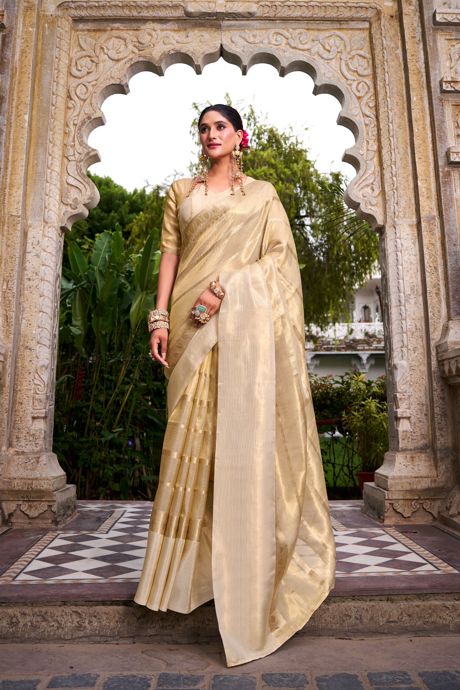 Golden Radiance Sahuri Zari Weaving Tissue Saree Code !! F.B.S.
