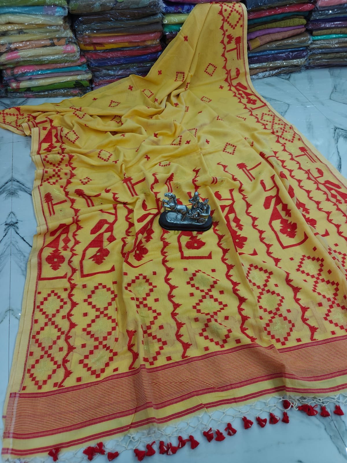 Handwoven Pure Cotton Jamdani Saree with Intricate Thread Work and Tassels  Code !! T.T.G.C.     
