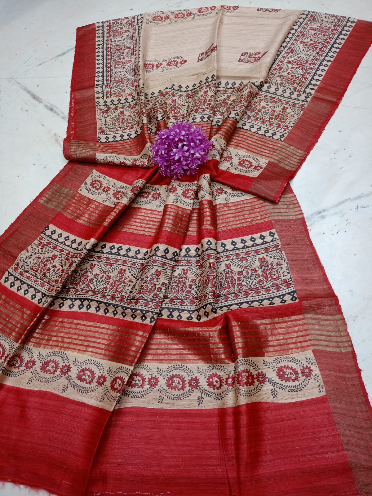 Handwoven Pure Ghicha Tussar Silk Saree with Traditional Hand-Block Prints *Code !! T.T.G.C.
