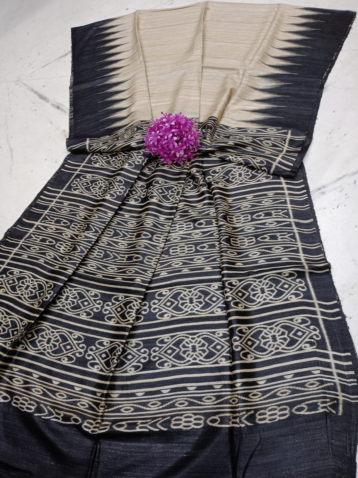 Handwoven Pure Ghicha Tussar Silk Sambalpuri Ikkat Saree with Traditional Temple Borders Code !! T.T.G.C.