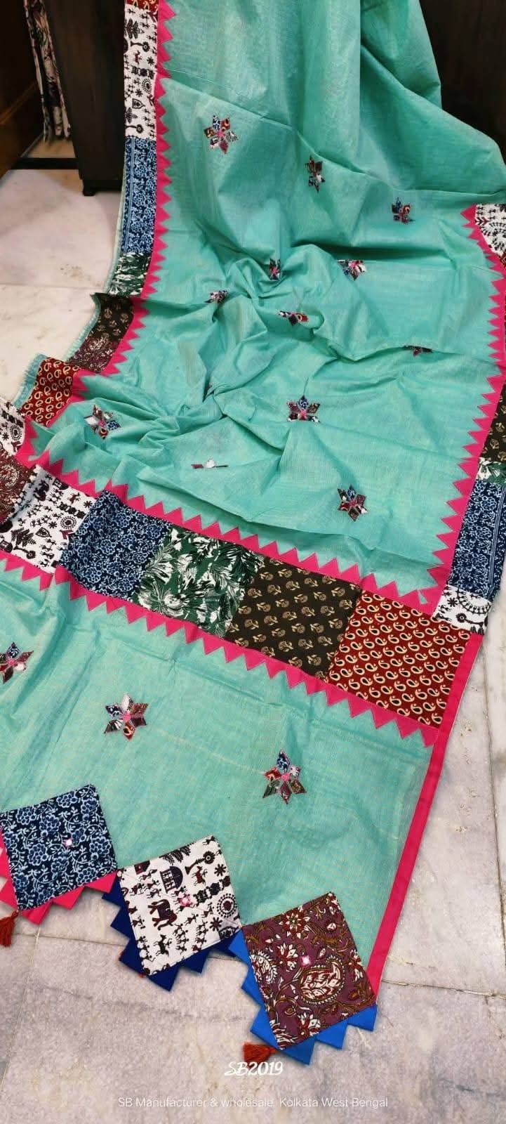 Handloom Pure Cotton Zari Check Saree with Premium Ajrakh Applique Work Code !! T.T.G.C.
