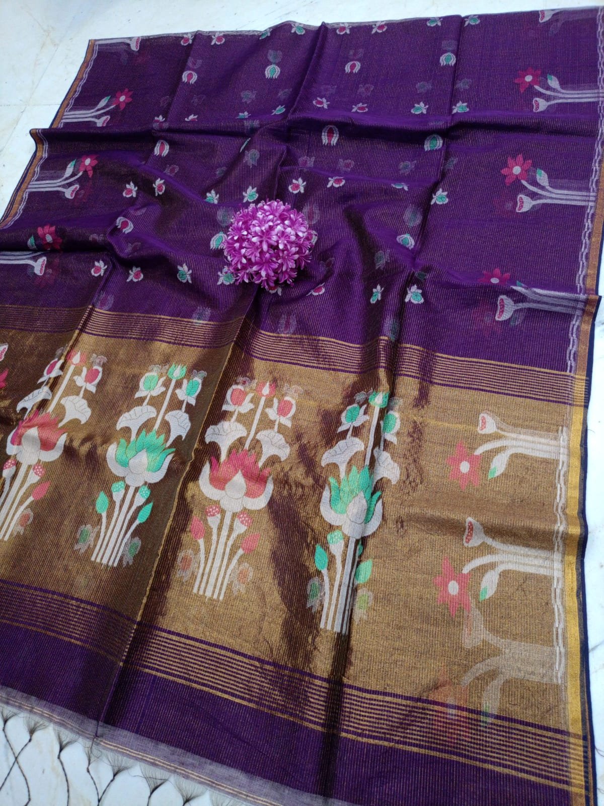 Premium Handloom Pure Tissue Linen Saree with Elegant Floral Woven Work Code !! T.T.G.C.