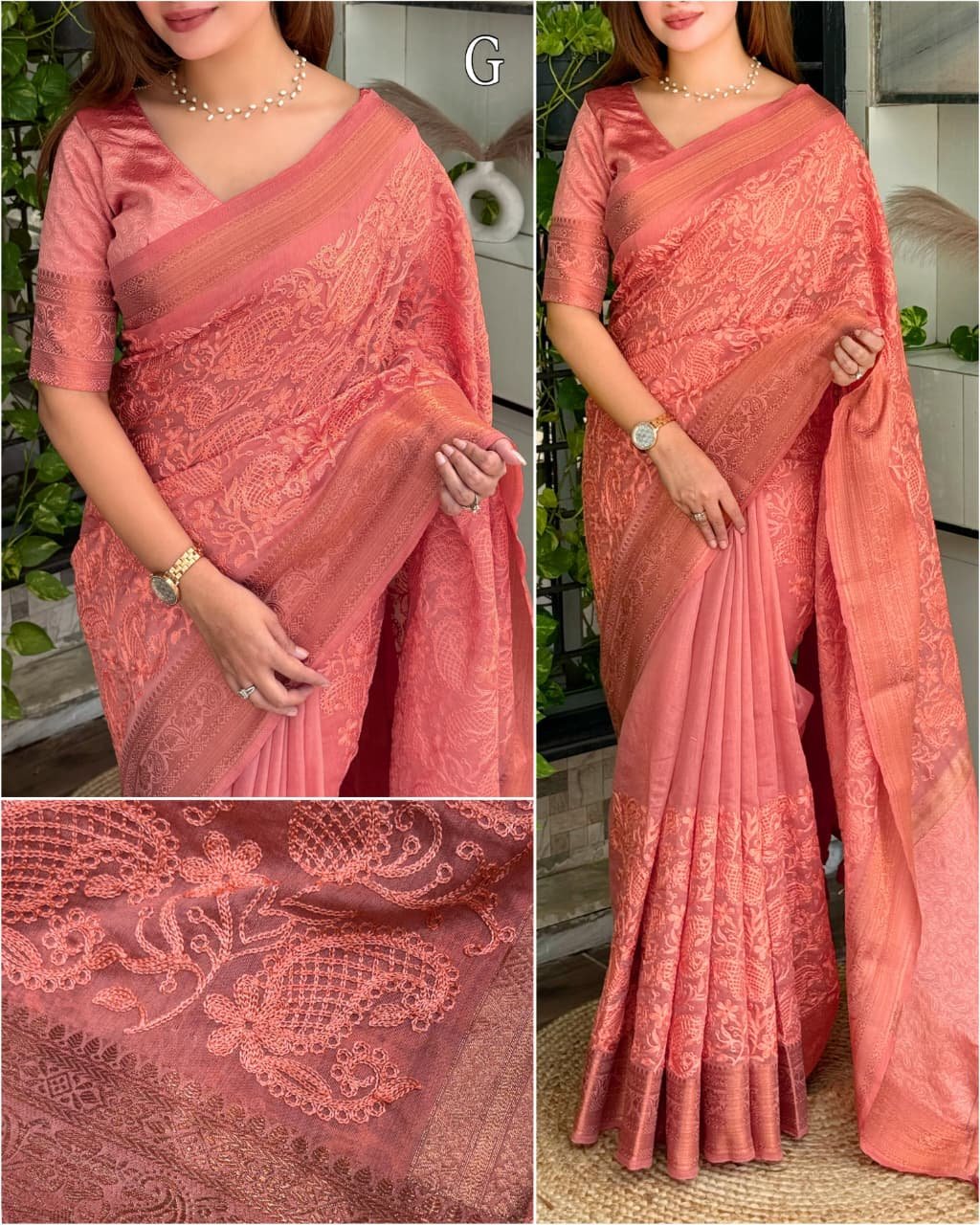 Premium Linen Cotton Chikankari Style Embroidered Saree with Zari Weaving Border Code !! F.B.S 