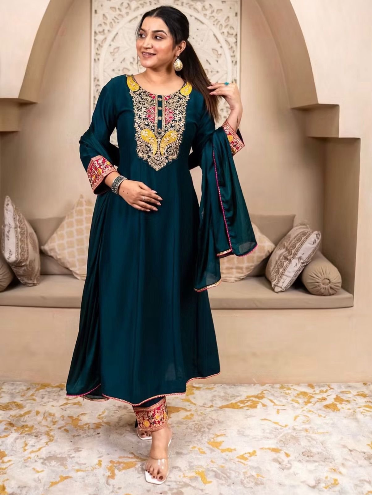 Premium Vichitra Silk Designer Kurta Pant Set with Exquisite Embroidery & Matching Dupatta Code !! F.B.K.