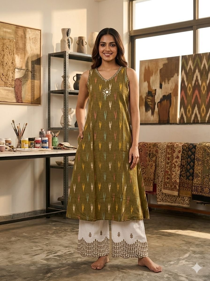 Premium Pure Ikkat Cotton A-Line Kurti and Embroidered Palazzo Set Code !! F.B.K.