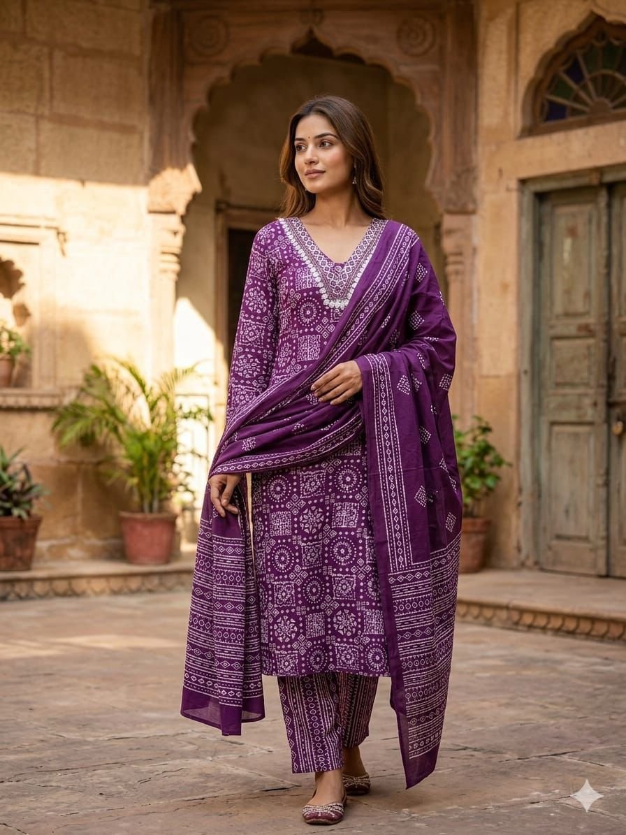Premium Pure Jaipuri Mulmul Cotton Bandhani Print Kurti Pant Set with Dupatta  Code !! F.B.K.