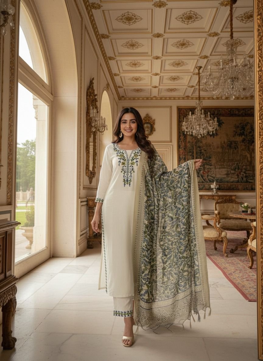 Premium Khadi Cotton Embroidered Kurti Pant Set with Bhagalpuri Print Dupatta Code  !! F.B.K. 
