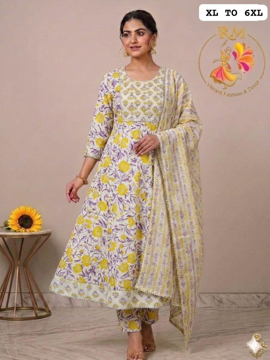 Premium Pure Cotton Anarkali Kurti Pant Set with Gota Patti Work & Designer Dupatta Code !! F.B.K