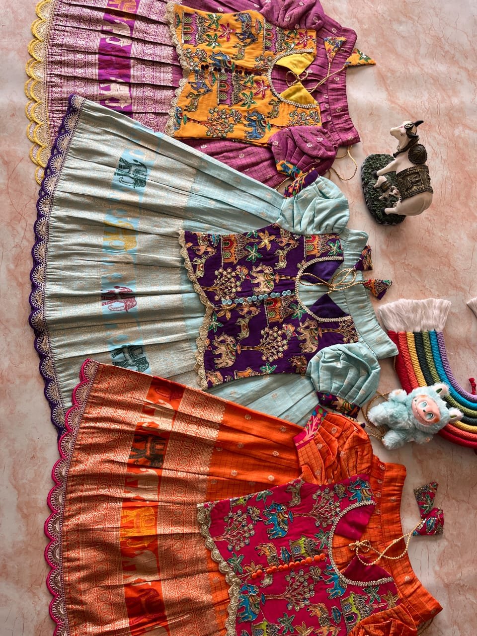 Gaja-Utsav Kids Tissue Checks Lehenga Set with 3D Elephant Weaving Code !! F B K.W