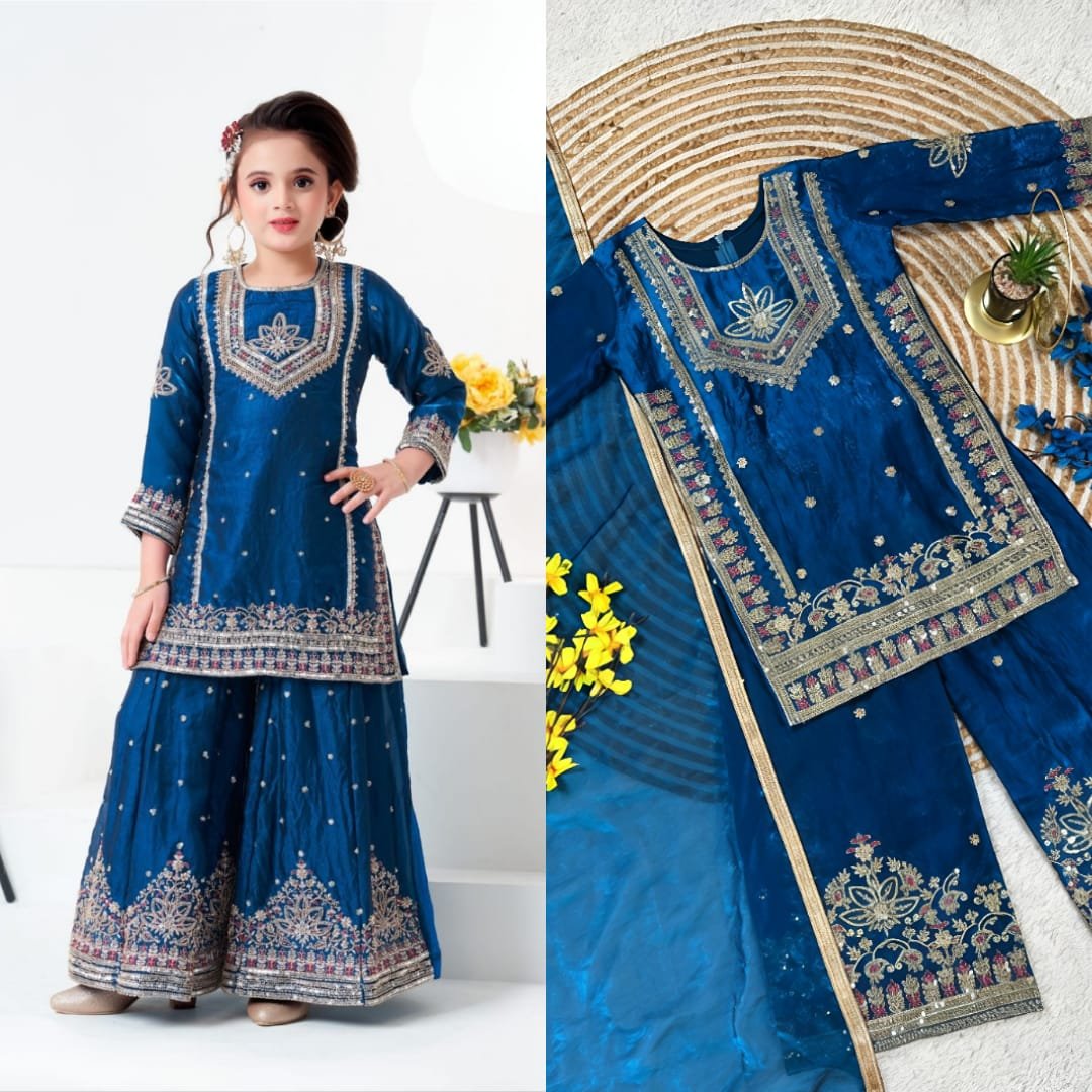 Royal Blue Fendi Silk Kids Sharara Set with Sequence Embroidery Code !! F.B.K.W.