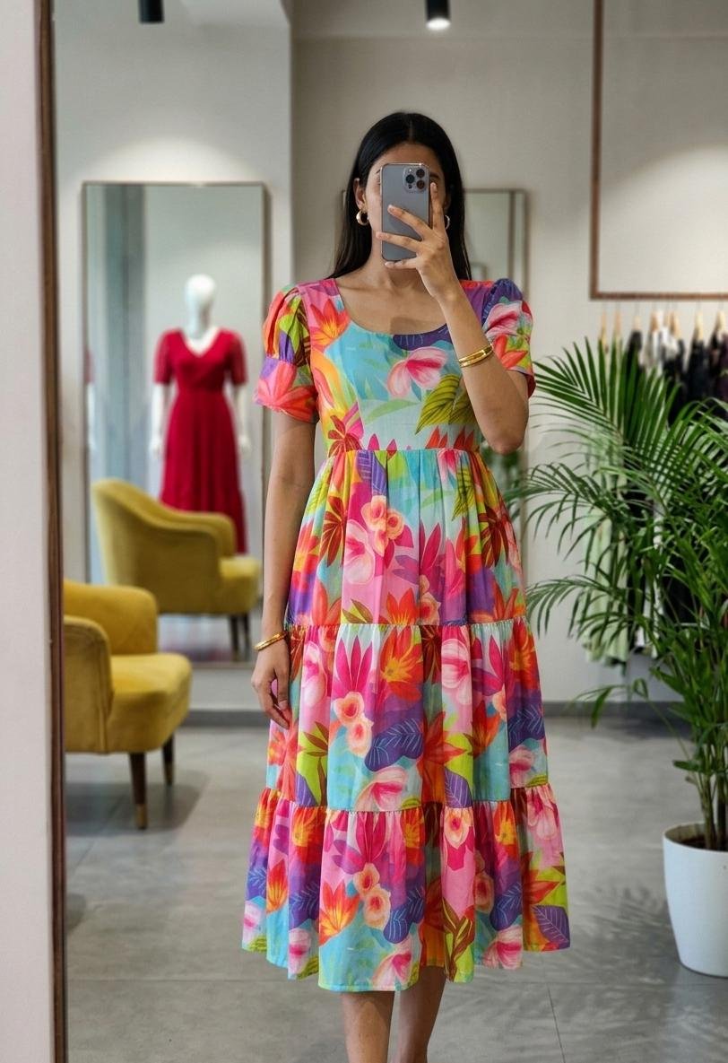 Floral Bliss Tiered Cotton Midi Dress with Puff Sleeves Code!! F.B.W.