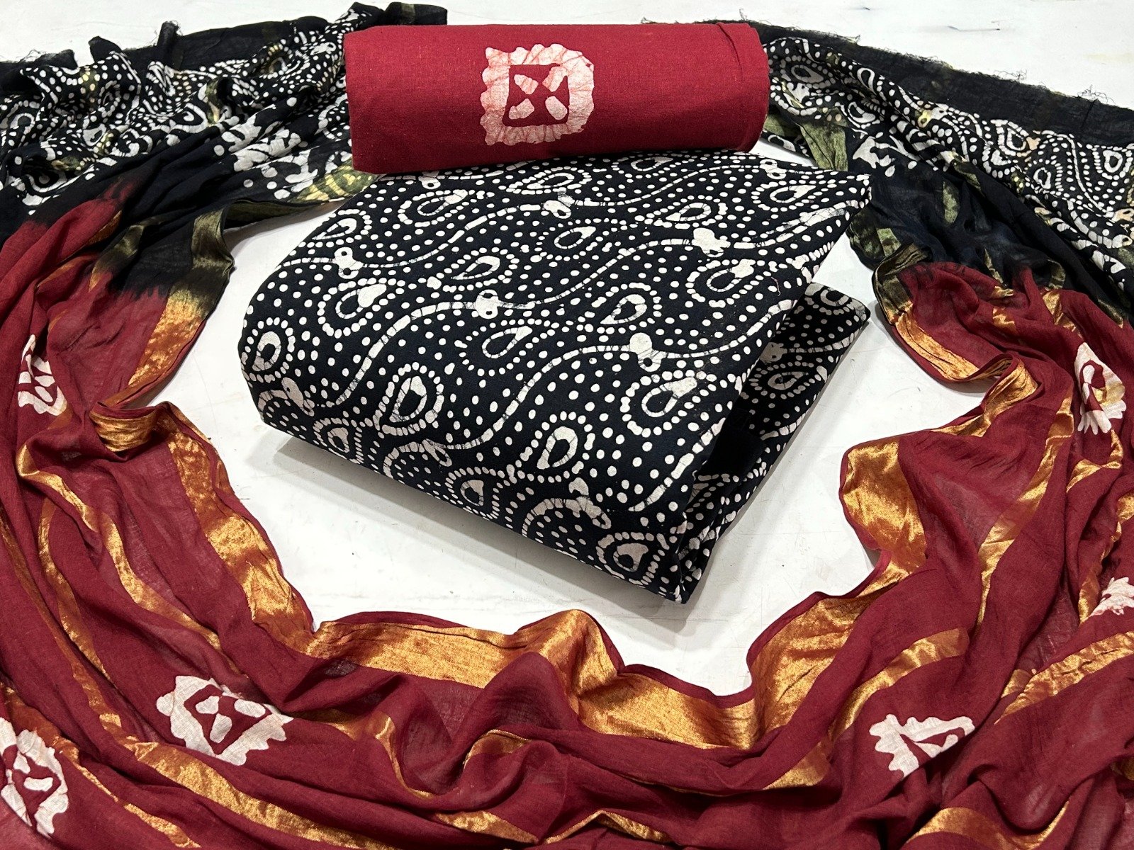 Authentic Hand-Block Batik Print Cotton Unstitched Suit Set Code !! F.B.S.S.