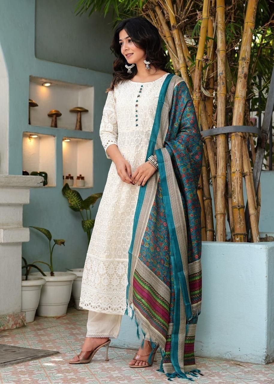 Ivory Grace Cotton Chikankari Suit with Digital Chanderi Dupatta Code !! F.B.K.