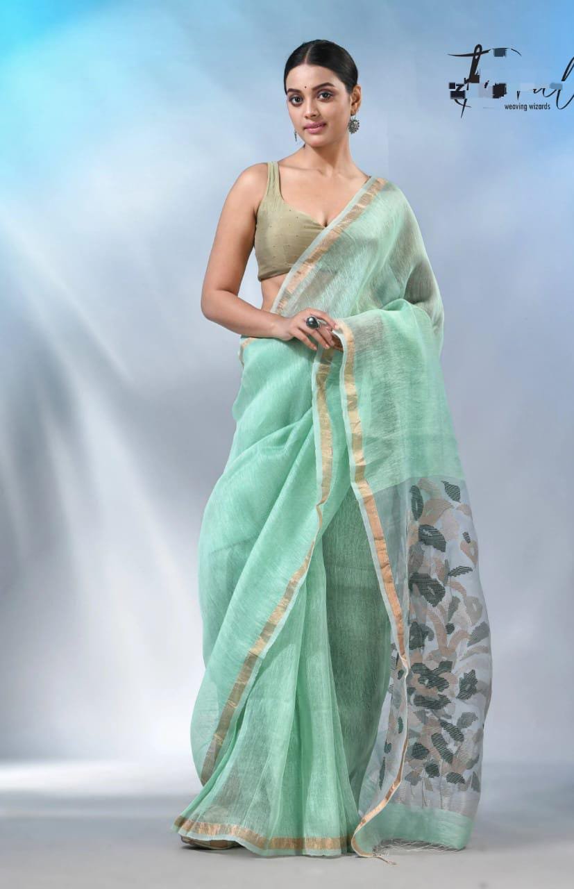 Handloom Silk-By-Linen Saree with Woven Muslin Artistry Code-K.G.