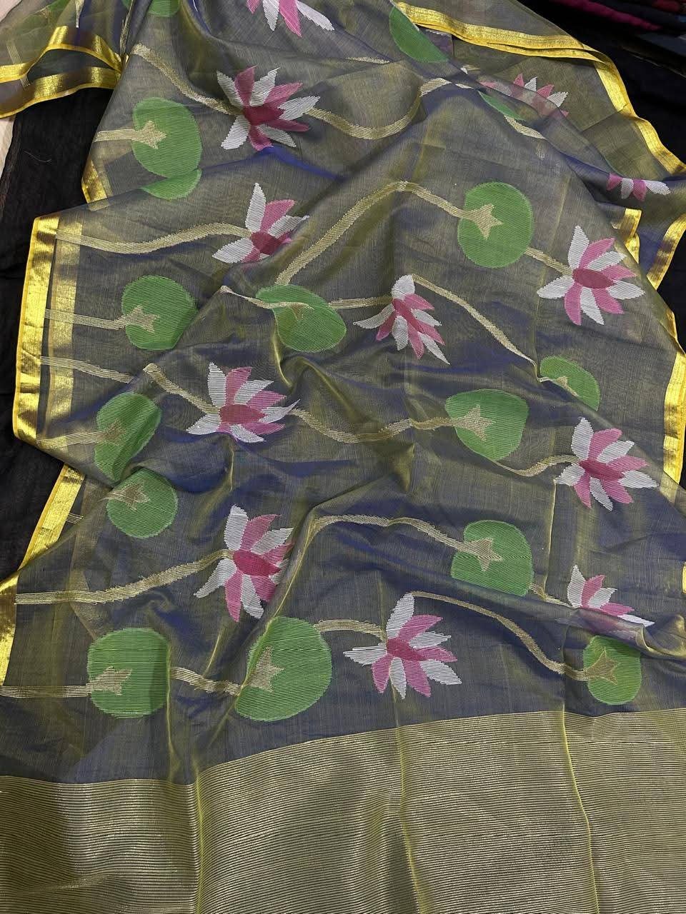Premium Semi-Pure Muslin Saree with All-Over Lotus Zari Jaal and Elegant Border Code-K.G.