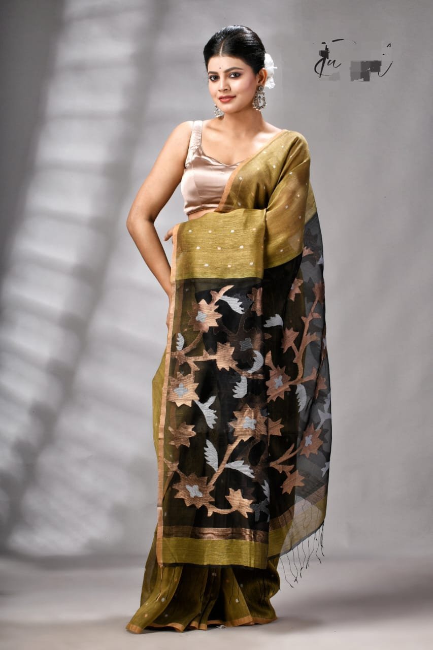 Premium Silk Linen Saree with Contrast Muslin Pallu and Intricate Floral-Geometrical Weaving Code-K.G.