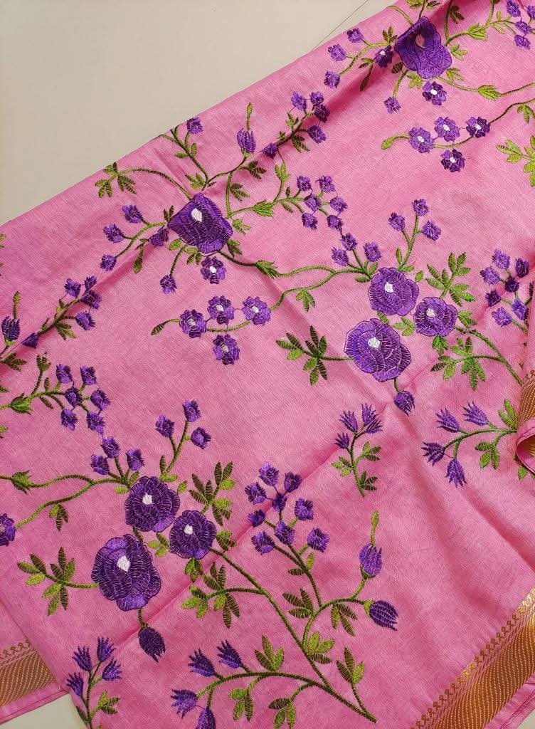 Premium Pure Linen Saree with All-Over Floral Thread Embroidery and Sleek Zari Border Code-K.S.M 