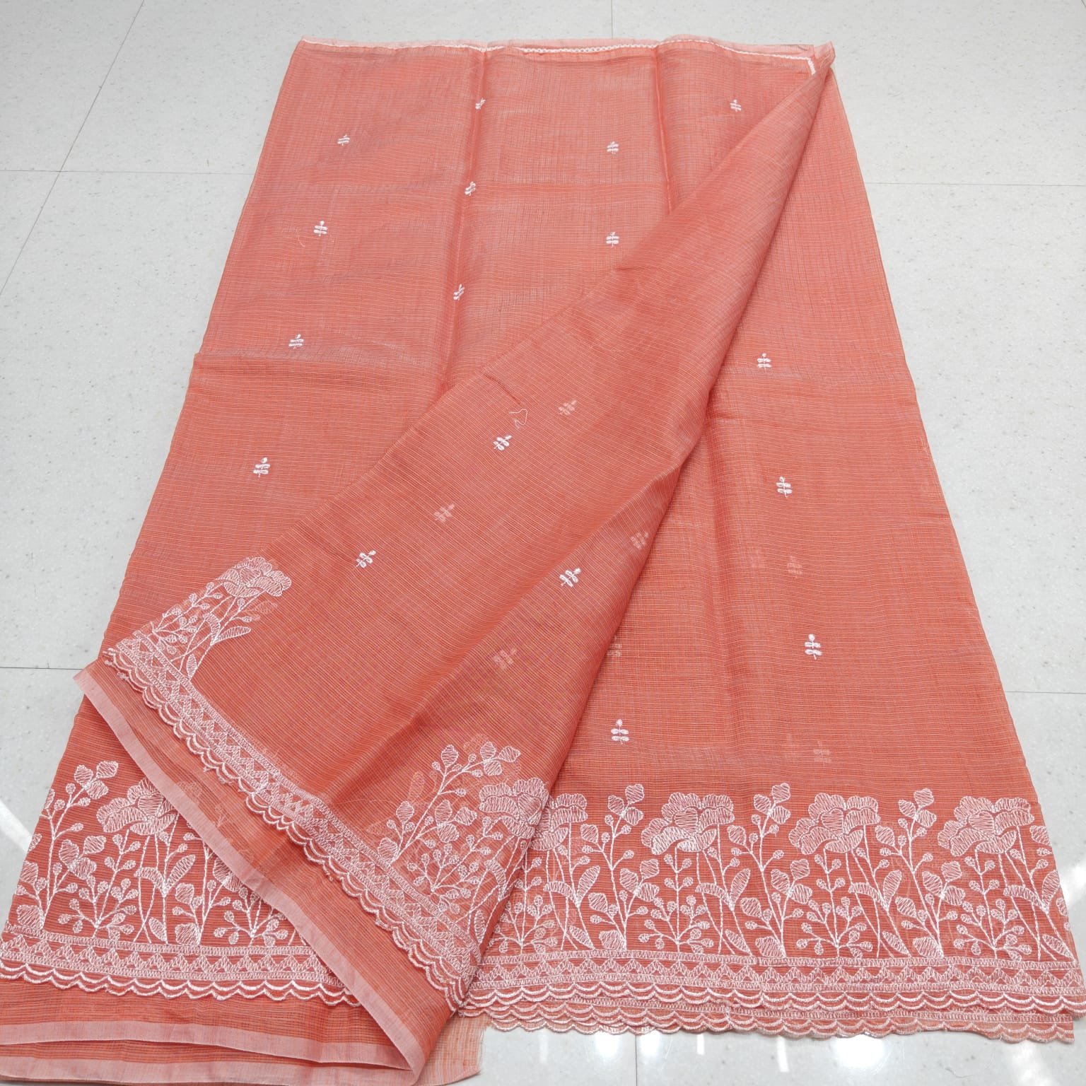 Premium Mix Cotton Saree with Scalloped Cutwork Border and Elegant Computerized Embroidery Code  !! K.S.M