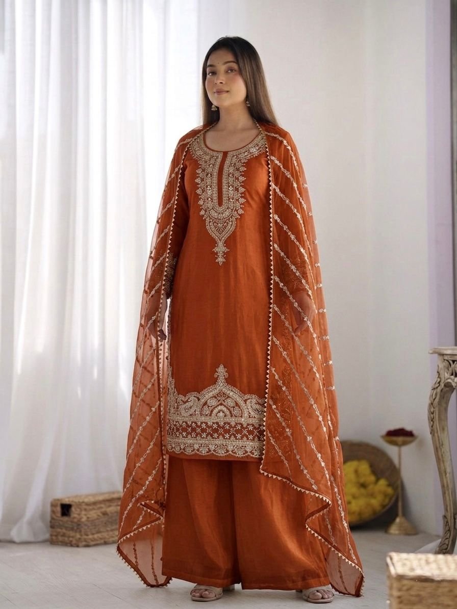 Designer Pure Fendy Silk Party Wear Suit Set | Heavy Embroidery & Beads Work Kurta with Flared Palazzo and Sequined Dupatta (3-Piece Set) Code !! F.B.S.S
