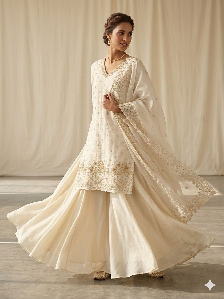 Classic Off-White Beads & Sequence Work Kurti Palazzo Set with Dupatta Code !! F.B.S.S.