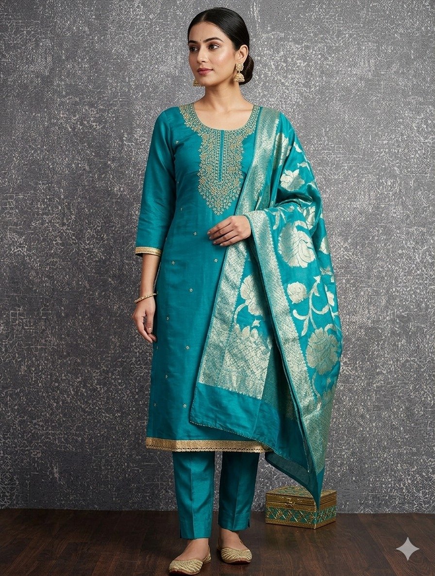 Premium Roman Silk Embroidered Unstitched Suit Set with Jacquard Dupatta Code !! F.B.S.S.