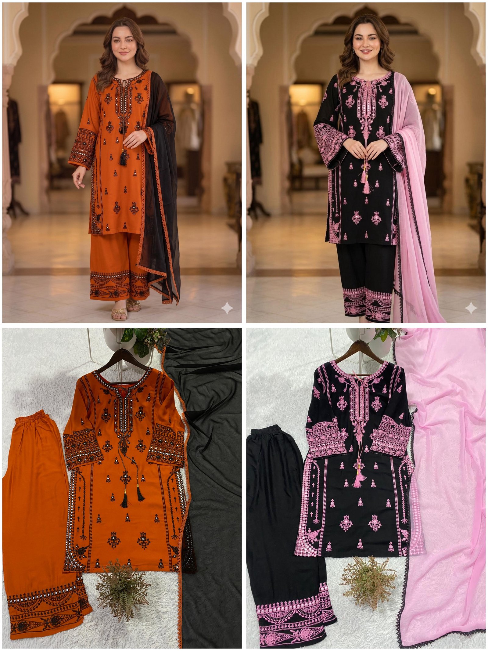 Premium Rayon Embroidered Kurti Palazzo Set with Mirror-Work Effect Code !! F.B.S.S.