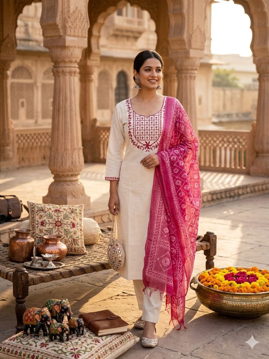 Premium Heavy Viscose Hand-Embroidered Kurti Pant Set with Woven Dupatta Code !! F.B.K.