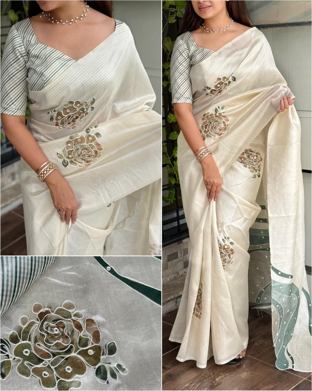 Premium Pure Tussar Linen Hand-Embroidered Saree with Mirror Work Code !! F.B.S.