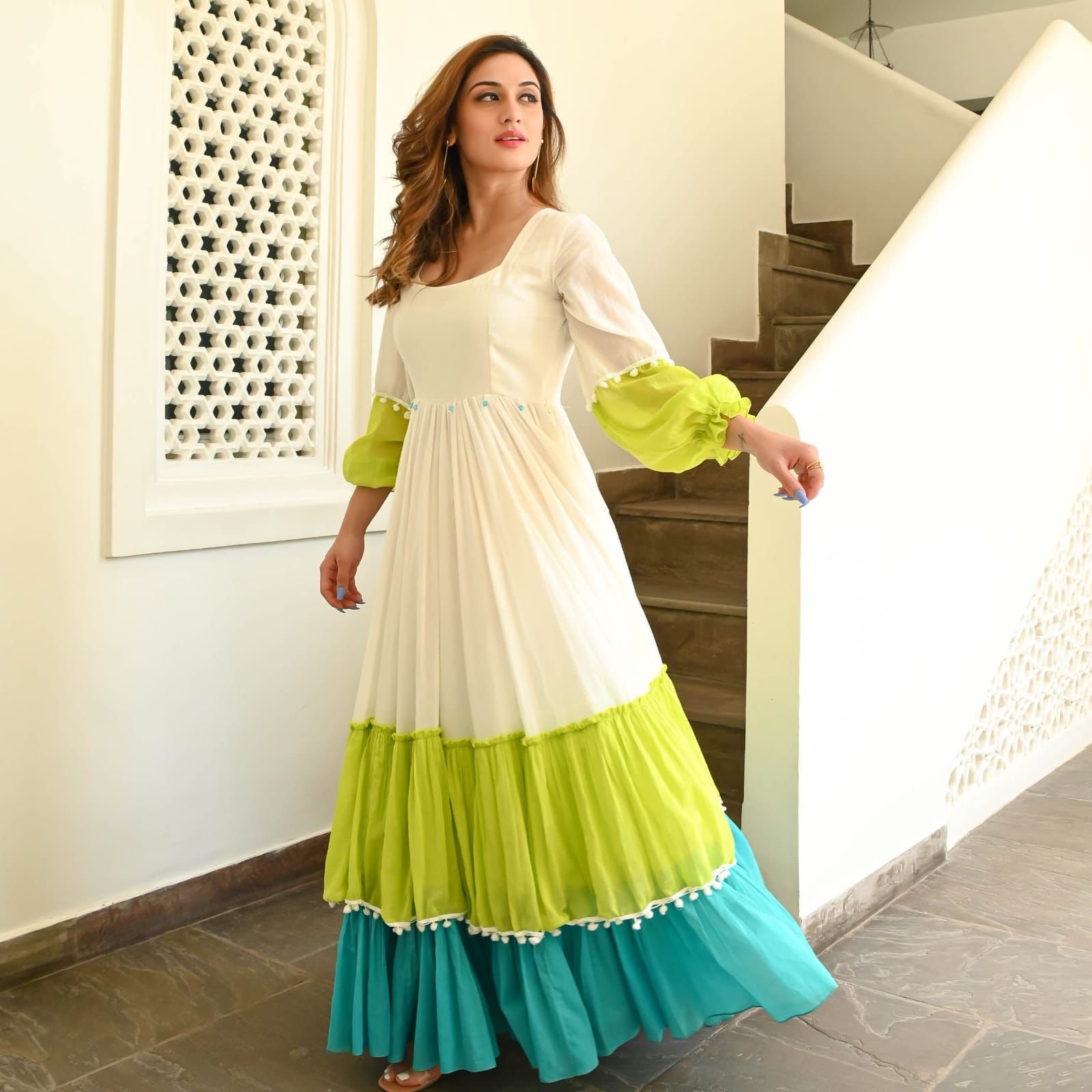 Premium Rayon 140 GSM Full Flare Long Gown with Designer Pom-Pom Lace Detailing Code-D.S.S.