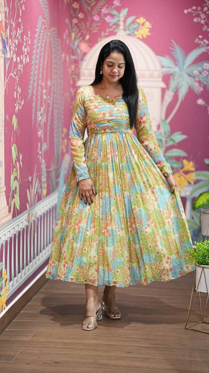 Women's Premium Alfino Chiffon Floral Print Flared Midi Dress with Inner Lining New Launch✨