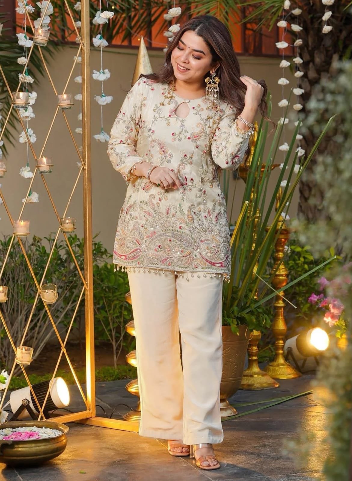 Women's Premium French Crepe Embroidered Co-Ord Set with Tunic Top and Matching Pants Code-D.S.S.