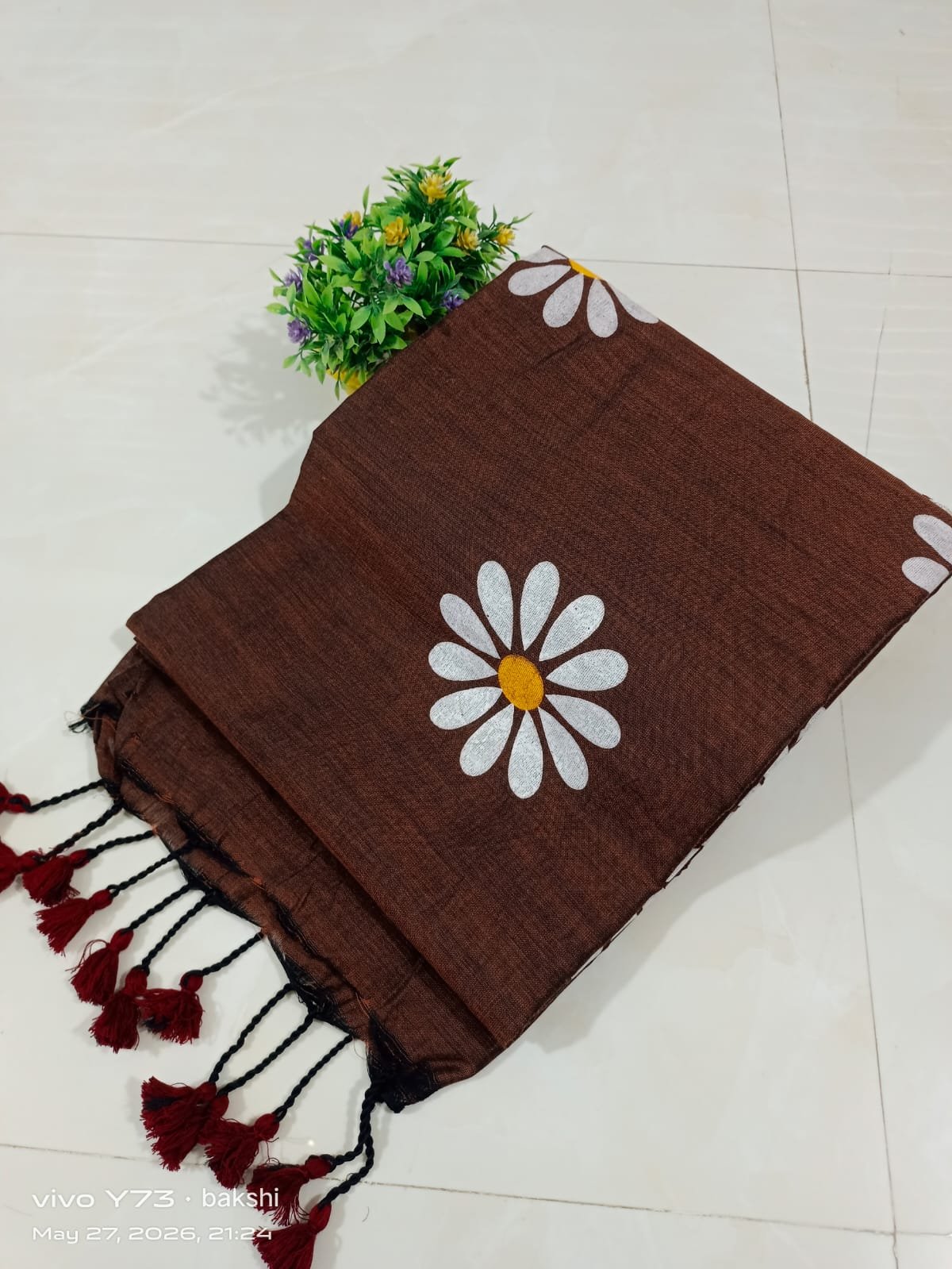 Authentic Handloom Khadi Cotton Sunflower Saree with Hand-Woven Pom-Pom Tassels Code !! T.T.G.C.