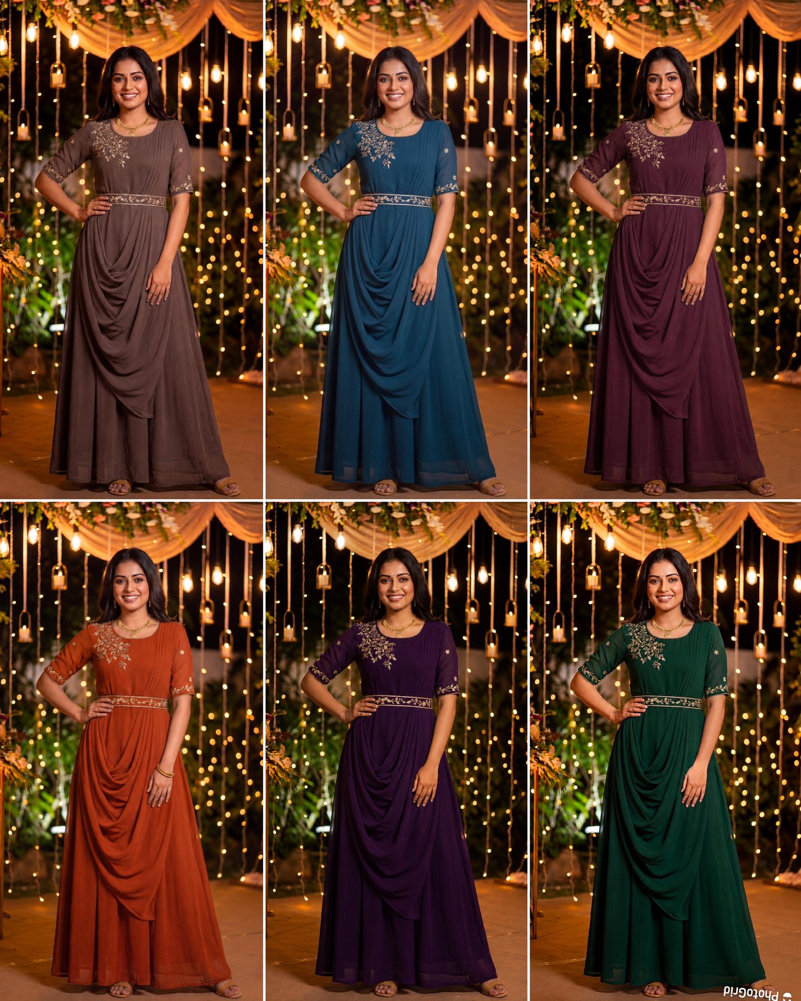 Elegant Flared Georgette Gown with Hand-Embroidered Belt & Dupatta – Multi-Color Collection Code !! F B K. 